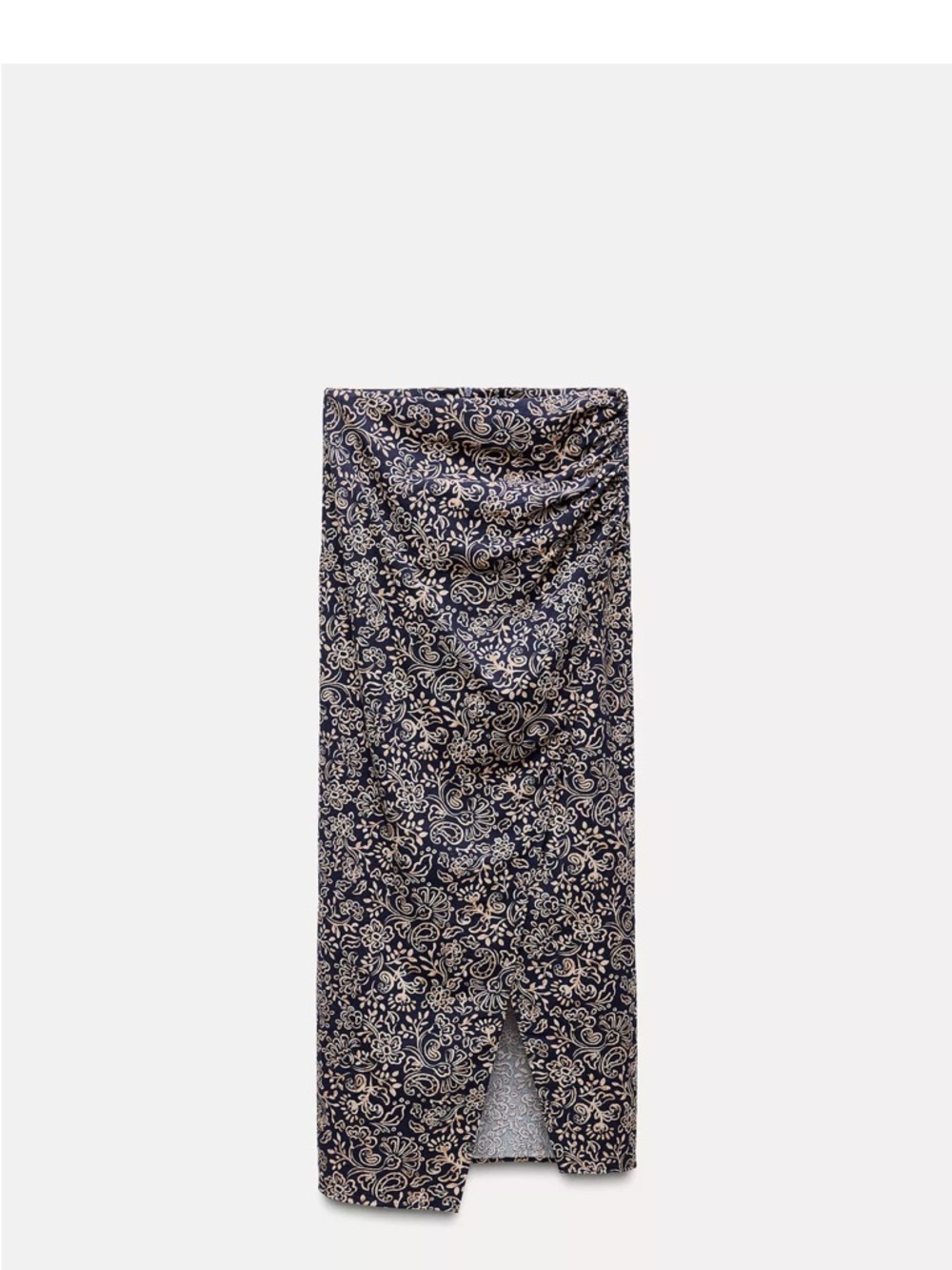 Zara Navy Blue and Cream Floral Faux Wrap Midi Skirt